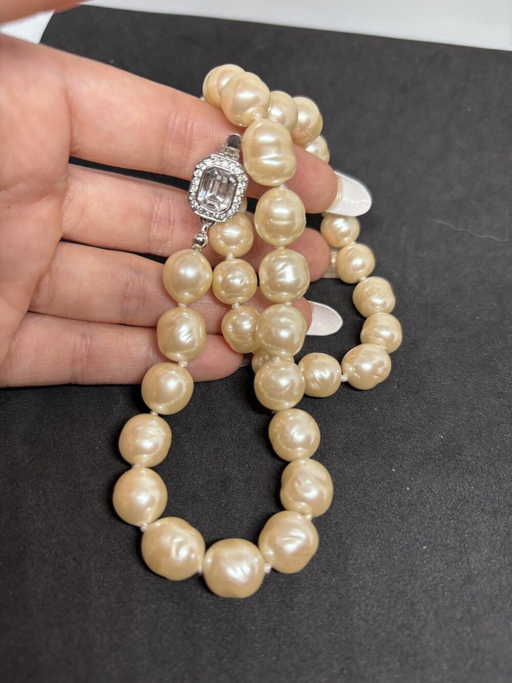 Vintage Carolee Silver Knotted Baroque Pearl Cream Necklace Rhinestone Clasp